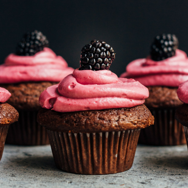 Greek Yogurt Chocolate Cupcakes with Blackberry Frosting