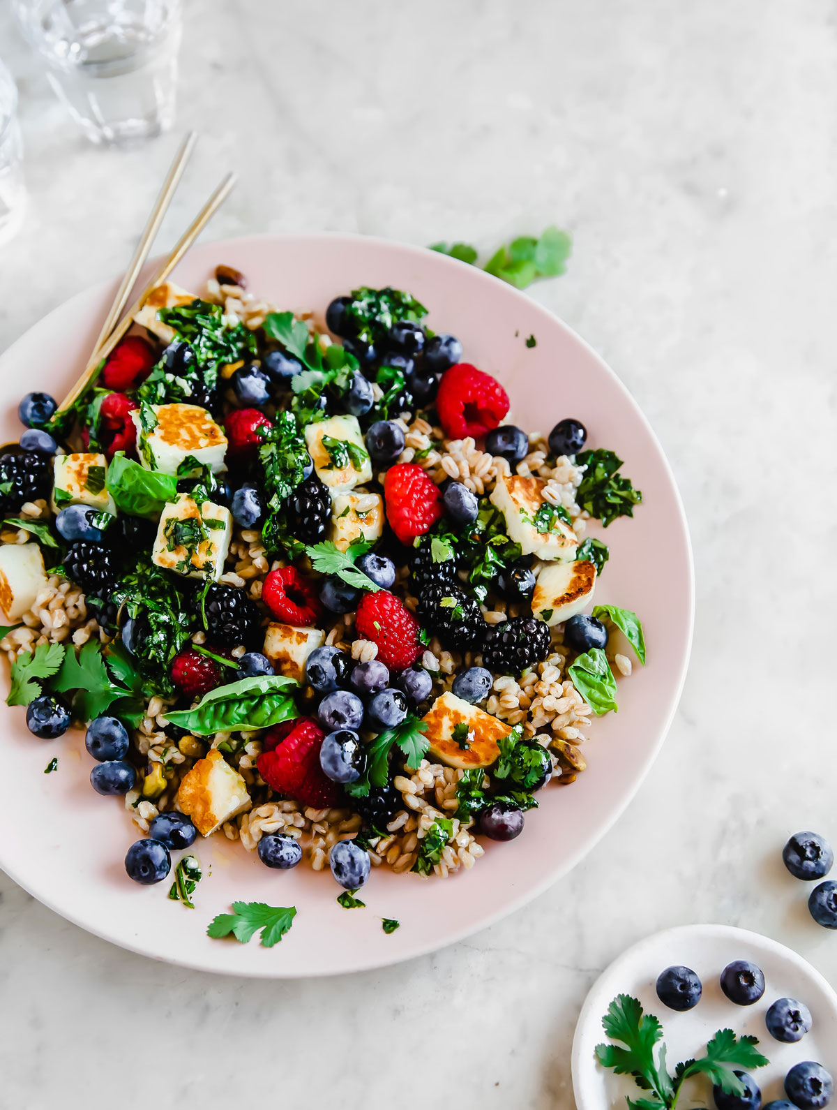 Mixed Berry Salad with Grilled Halloumi Cheese and Fresh BasilCilantro