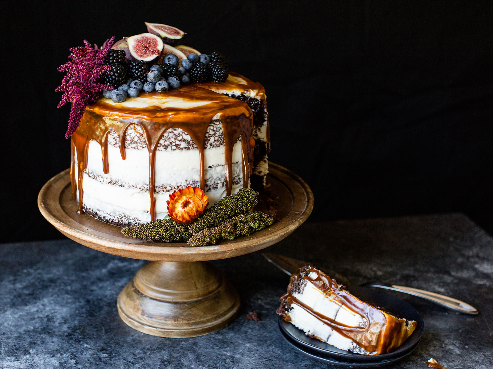 Blackberry Chocolate Cake with Buttercream Frosting and Salted Caramel - California Giant Berry Farm
