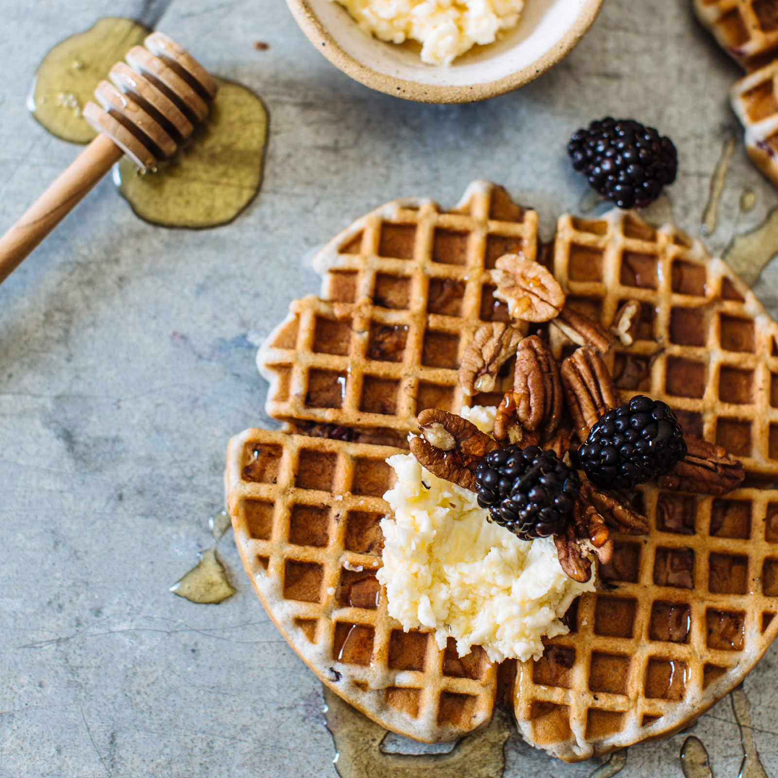 Blackberry & Pecan Belgian Waffles with Whipped Honey Butter