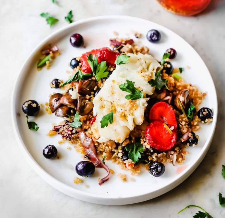 Pan Seared Halibut with Pickled Strawberries and Fermented Blueberry