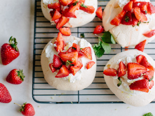 Mini Pavlovas with Whipped Cream & Macerated Strawberries
