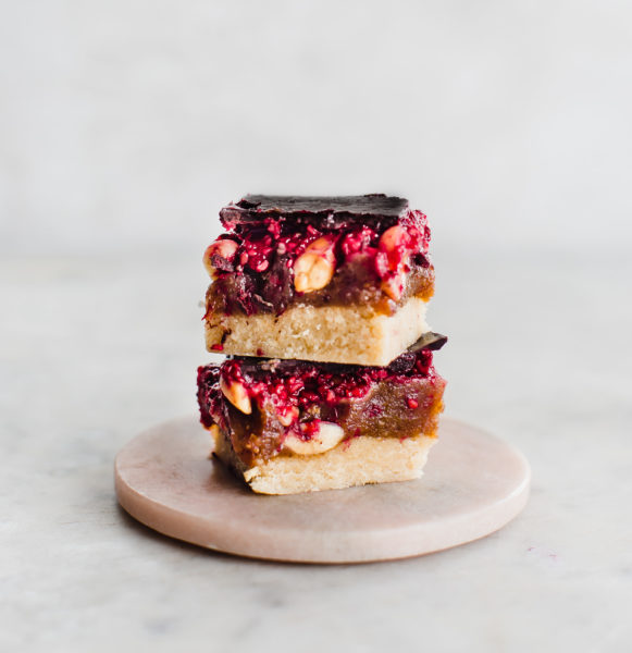 Peanut Butter Caramel Raspberry Blackberry Bars