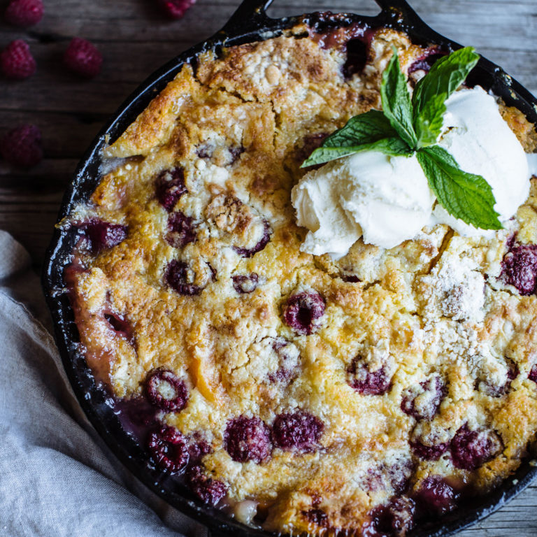 Raspberry Peach Cobbler Skillet