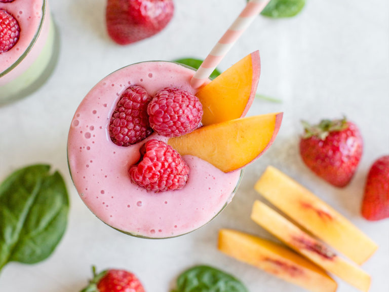 Strawberry Raspberry + Peach Green Smoothie