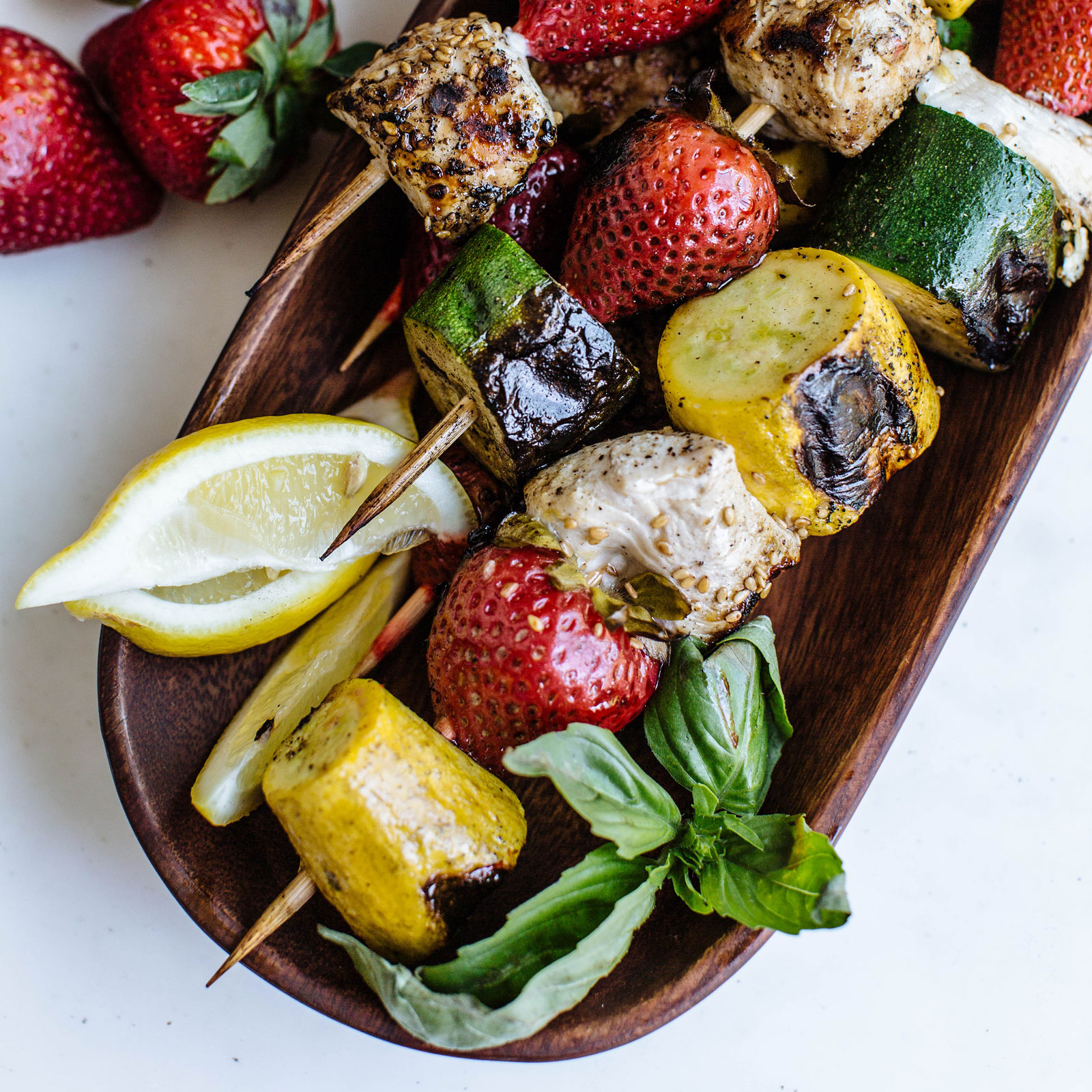 Strawberry, Summer Squash, and Chicken Kabobs - California Giant Strawberry, Summer Squash, and Chicken Kabobs - California Giant