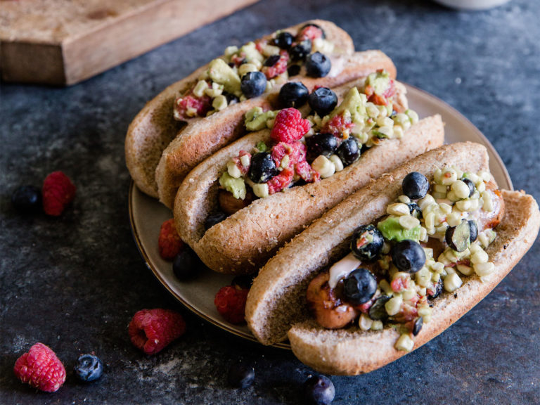 Summer BBQ Hot Dog with Blueberry & Corn Salsa