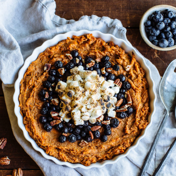 Sweet Potato Mash with Roasted Blueberries and Toasted Marshmallows