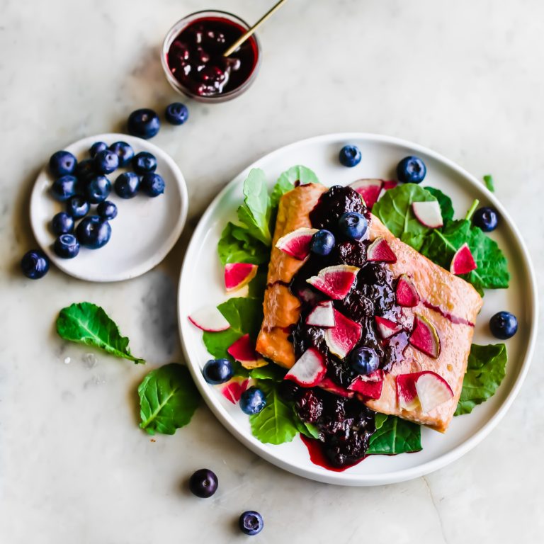 Tender Roasted Salmon with a Silky Blueberry Glaze