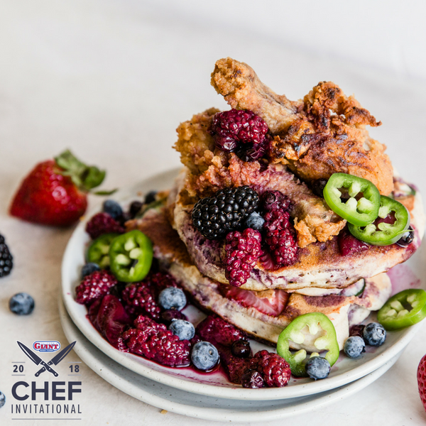 Strawberry Jalepeno Pancakes with Mixed Berry Syrup and Duck Wings