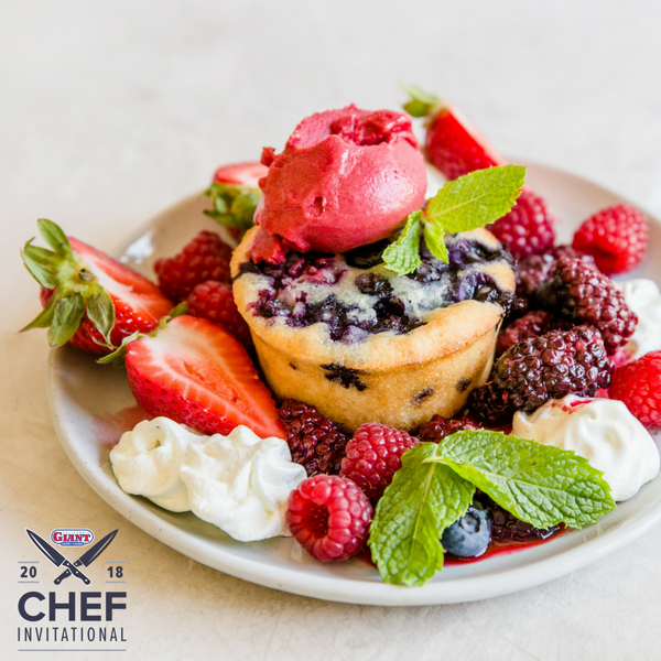 Blueberry Lavender Financier, Raspberry Sorbet, and Blackberry Compote