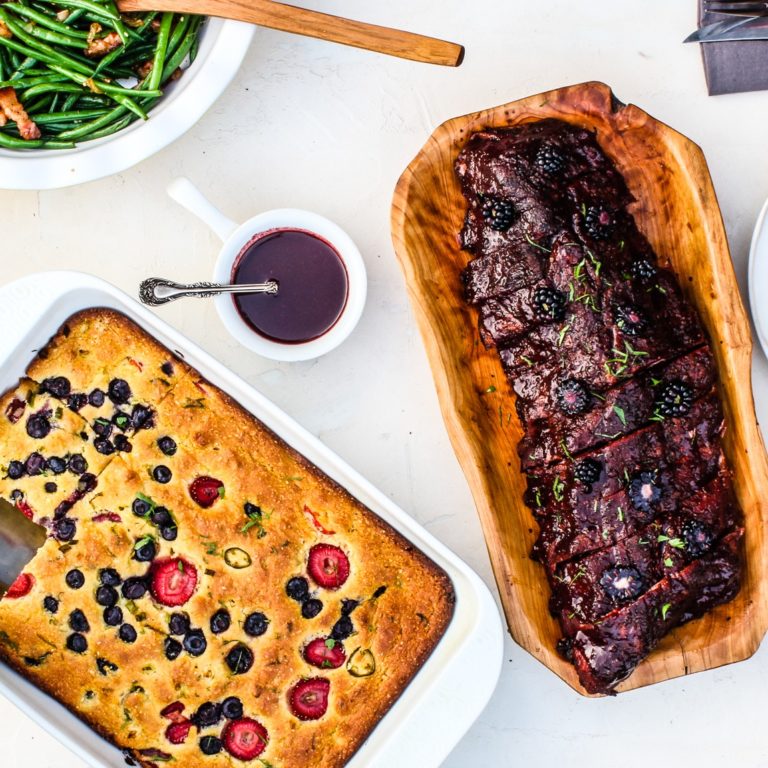 Baby Back Ribs with Green Beans and Pickled Berry Cornbread