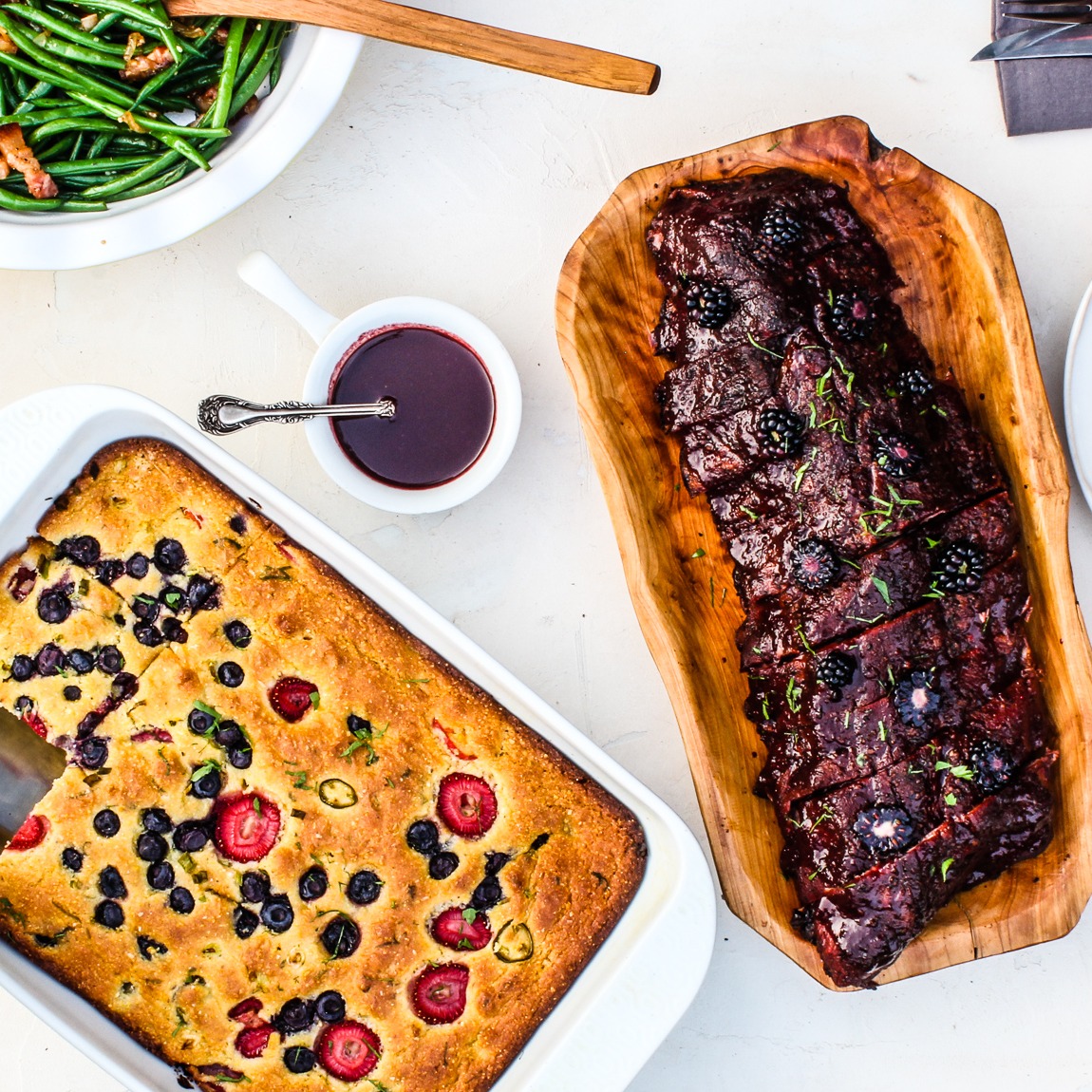 Baby Back Ribs with Green Beans and Pickled Berry Cornbread