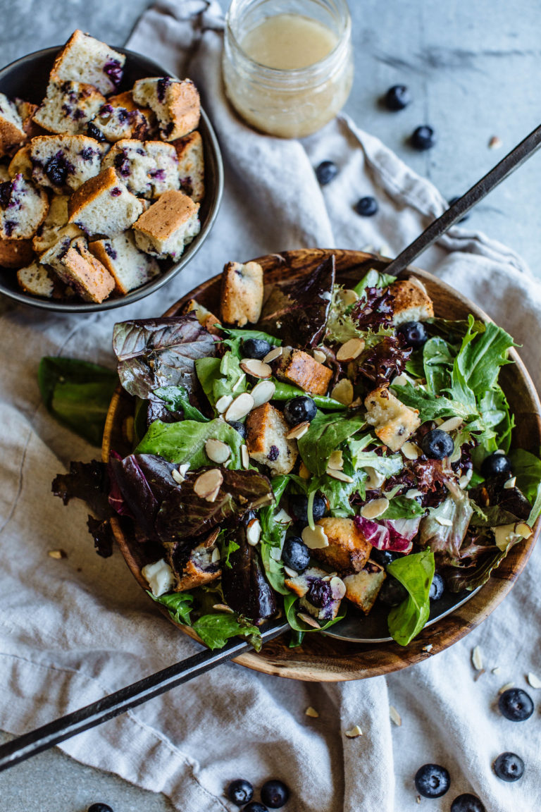 Almond & Blueberry Salad with Blueberry Muffin Croutons, Topped with Lemon & Honey Vinaigrette