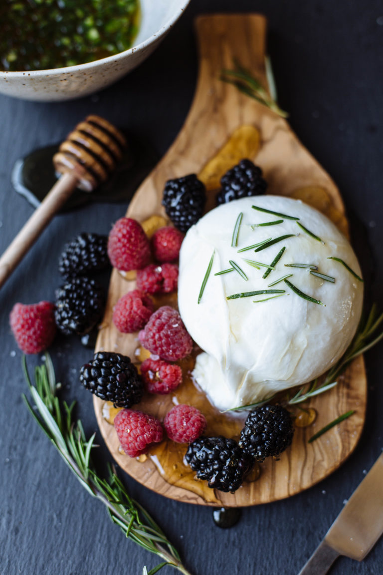 Burrata with Jalepeno Honey + Fresh Blackberries & Raspberries