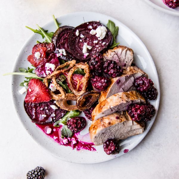 Blackberry Harissa Pork-Tenderloin with Roasted Strawberry beet Salad