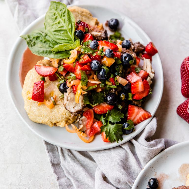 Blueberry Mole Chicken with Berry Habenero Salsa and Masa Corn Cake