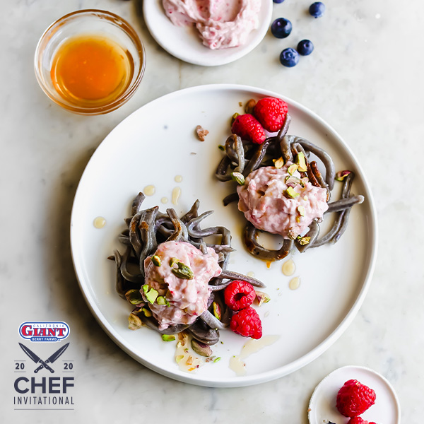 Blueberry Pasta Fritta with Raspberry Mascarpone and Crushed Pistachio