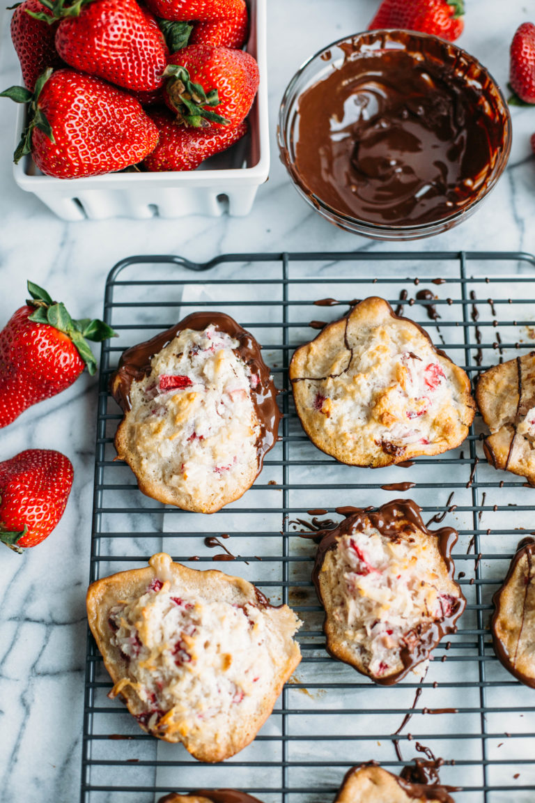 Chocolate Dipped French Coconut + Strawberry Macaroons