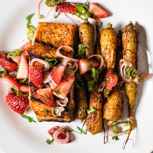 Strawberry, Shishito and Shallot Salad with White Balsamic and Agave Nectar