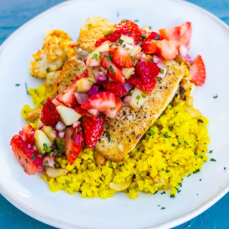 Snapper Over Cashew Turmeric Rice with Strawberry Pico and Lemon Garlic Cauliflower