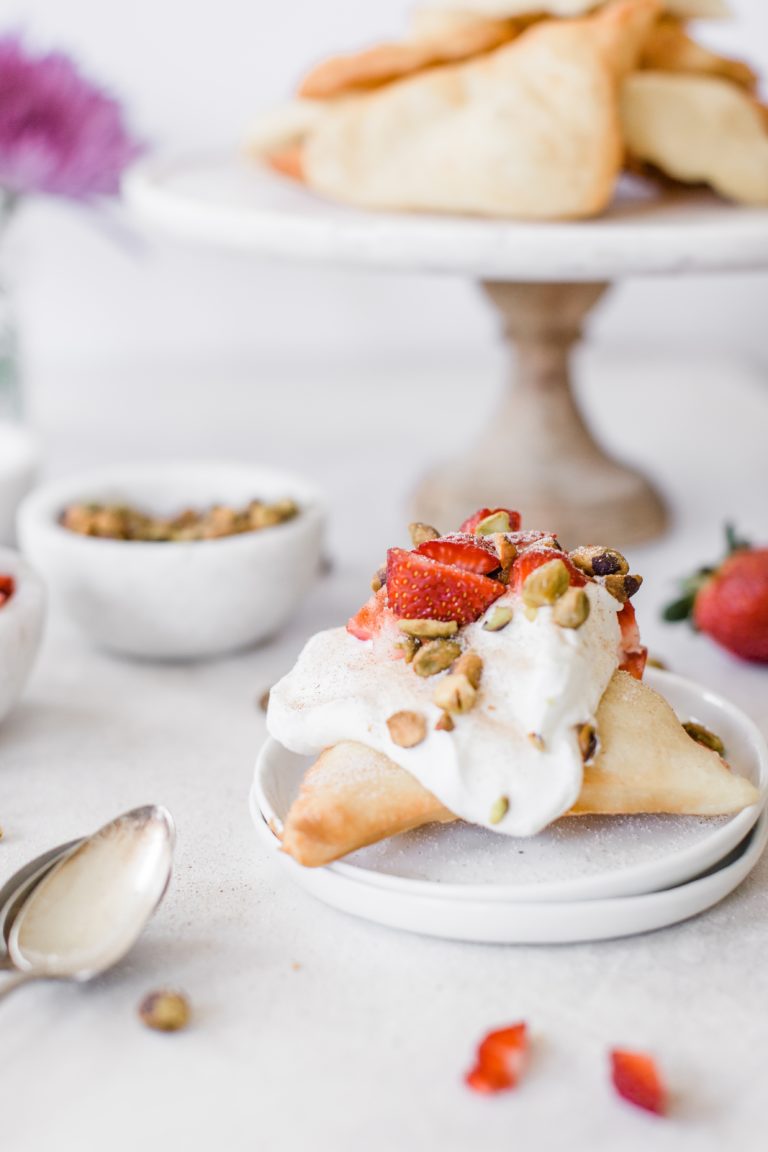 Sopapillas with Crushed Pistachios & Strawberries