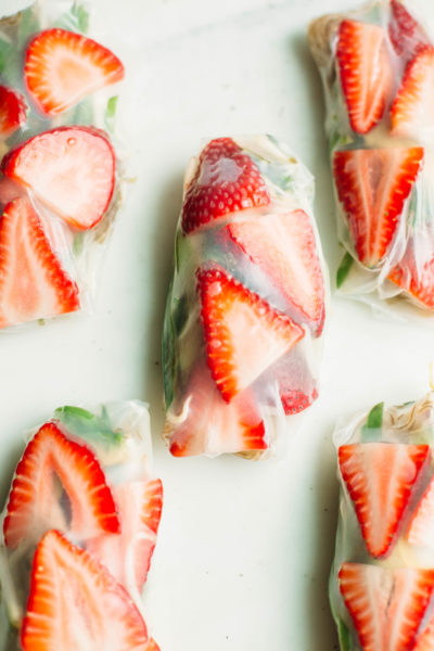 Strawberry + Snow Pea Spring Rolls with Strawberry Sweet and Sour Sauce