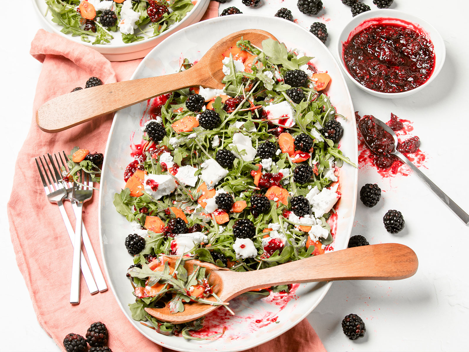 Blackberry-Bourbon Chutney, Raspberry-Pickled Carrots, Humboldt Fog and Arugula Salad - California G