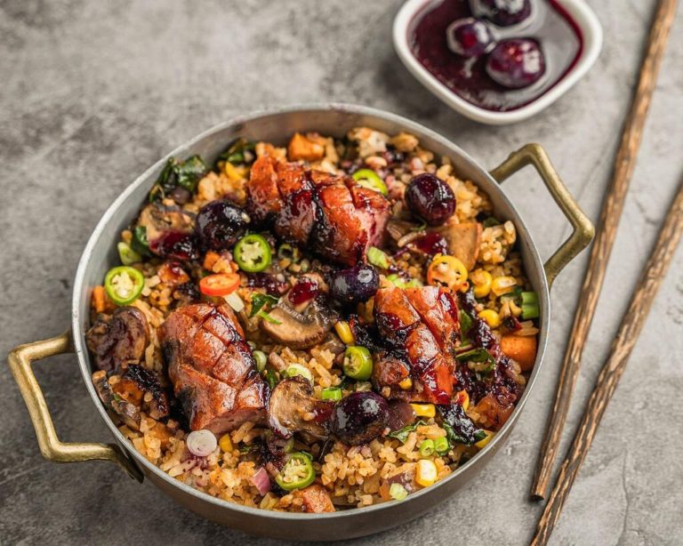 Autumn Fried Rice, Smoked Sausage, Blueberry Sweet and Sour Sauce