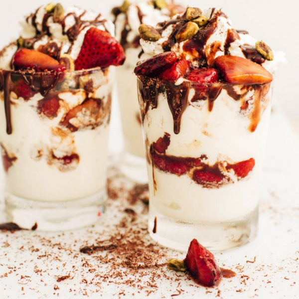 Balsamic Strawberry Sundae with Homemade Whipped Cream, Chocolate Sauce and Roasted Pistachios