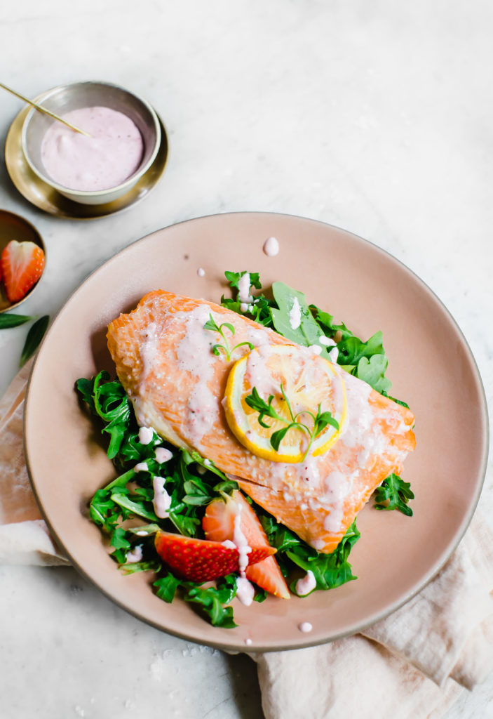 Roasted Salmon with a Strawberry Crème Fraîche Sauce - California Giant Berry Farms