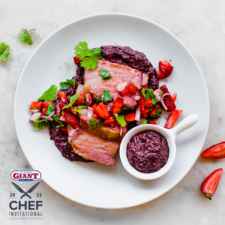 Strawberry-Agave Glazed Pork Belly, Black & Blue Mole and Strawberry Pico De Gallo
