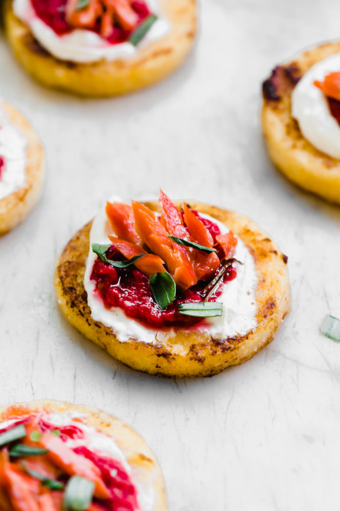 Mini Polenta Cakes with Smoked Salmon & Raspberry-Tarragon Topping - California Giant Berry Farms