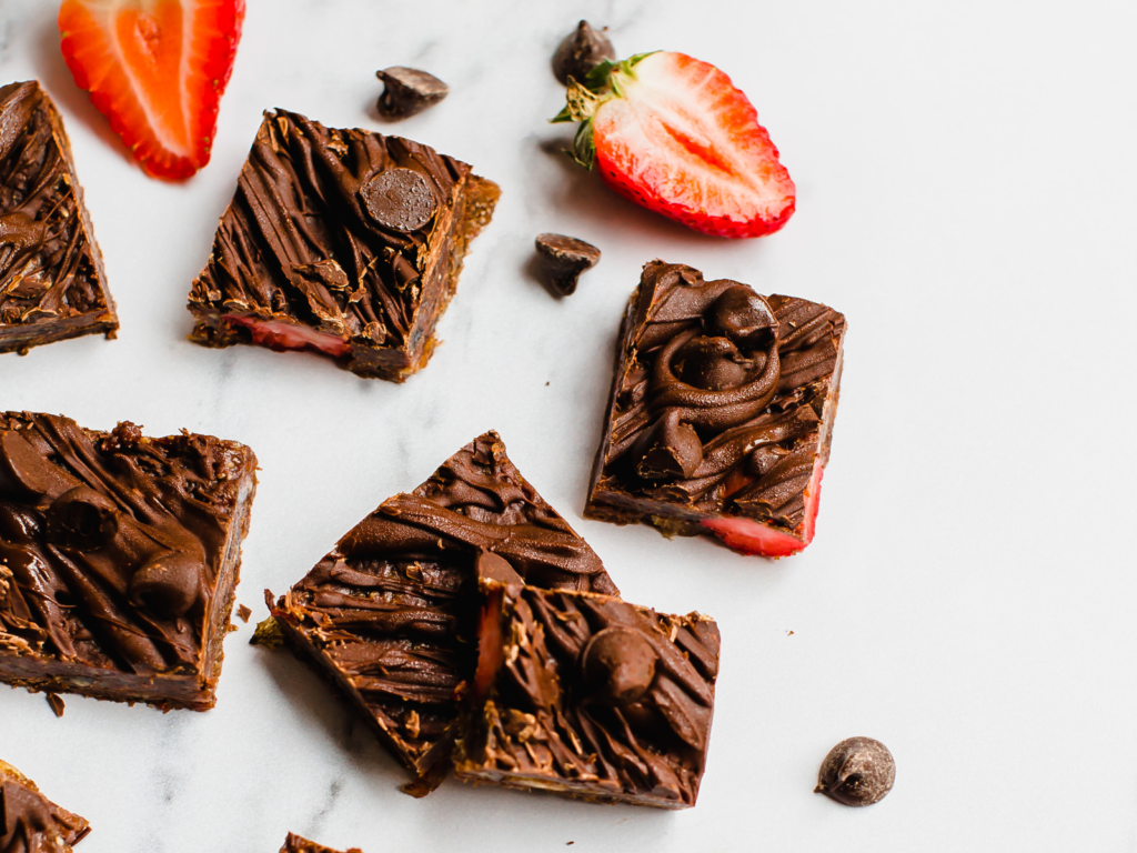 No Bake Chocolate Chip Strawberry Brownies with a Chocolate Glaze - California Giant Berry Farms