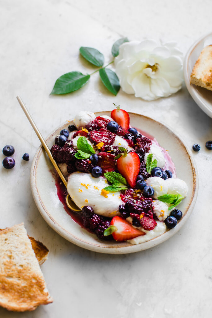 Burrata and Mozzarella Tartine with Roasted Berries - California Giant Berry Farms