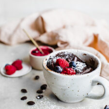 Chocolate Mug Cake with Blueberry-Raspberry Sauce