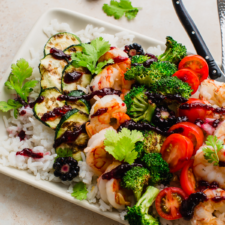 Grilled Shrimp, Veggie and Rice Bowl with a Blackberry-Jelly Pepper Sauce