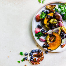 Roasted Fall Vegetables with Candied Pecans and Roasted Blueberries