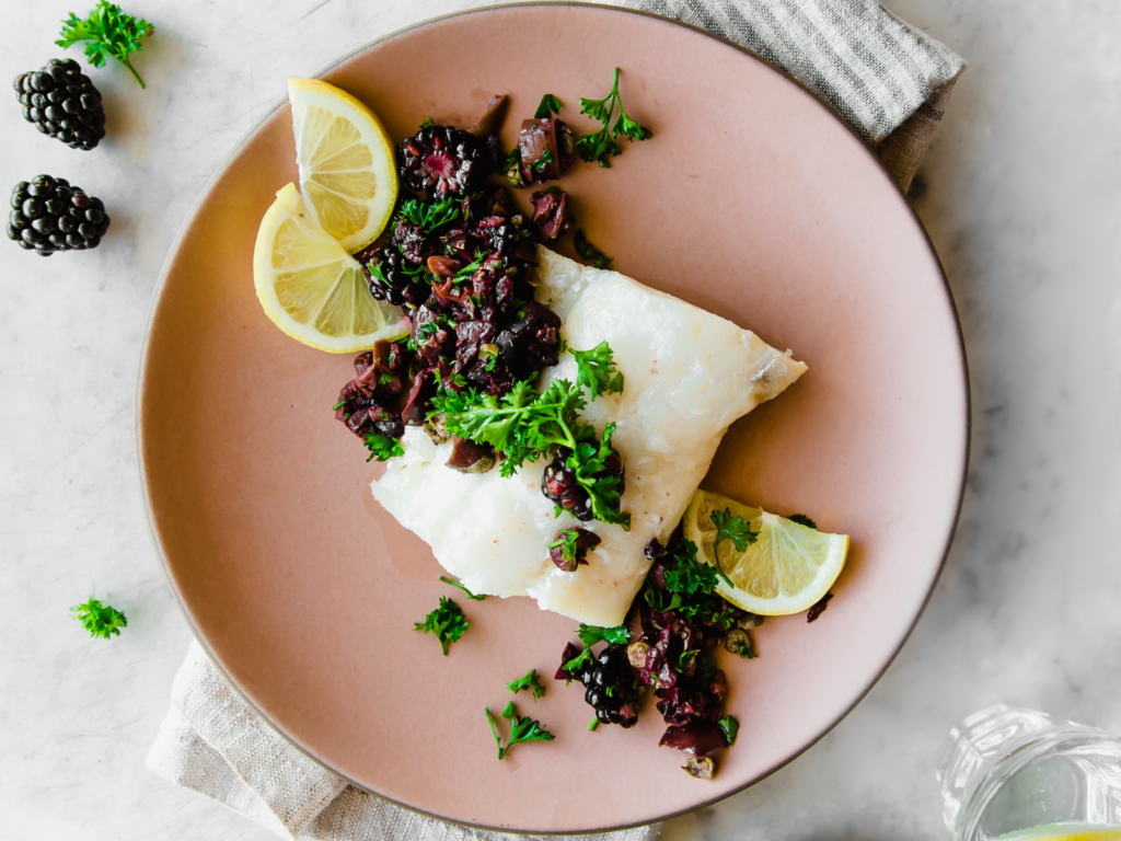 Poached Halibut with a Blackberry Tapenade - California Giant Berry Farms