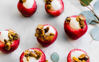 2-Mozzarella Stuffed Strawberries with Honey and Candied Pistachios